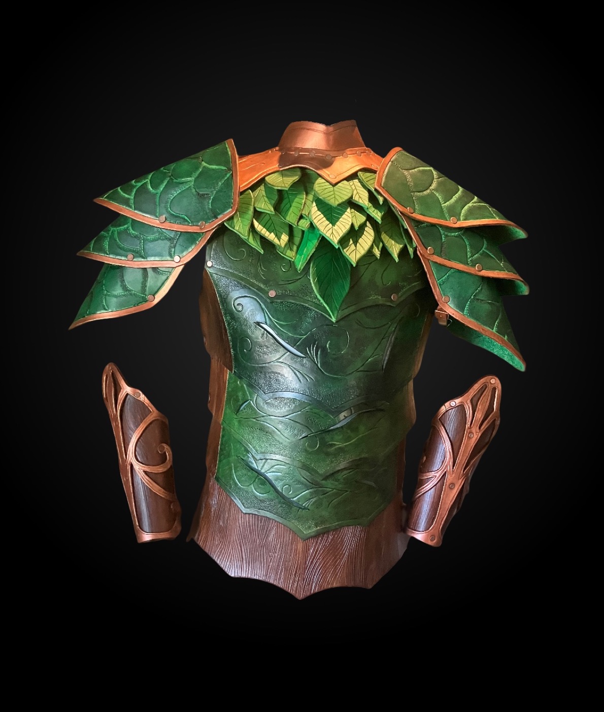 Cameron Bryzek wearing handcrafted forest ranger leather armor with intricate tooled leaf designs