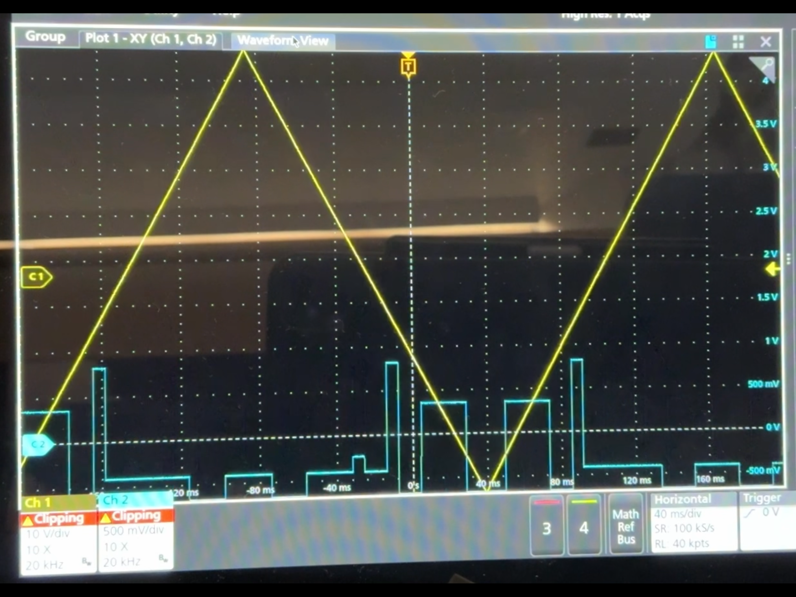 Oscilloscope in time mode showing signal waveform