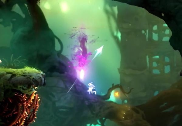 The 'bash' ability from Ori and the Will of the Wisps. Ori, the small white creature in the centre of the screen that the player controls, is 'bashing' off of a purple projectile in the direction indicated by the white arrow.