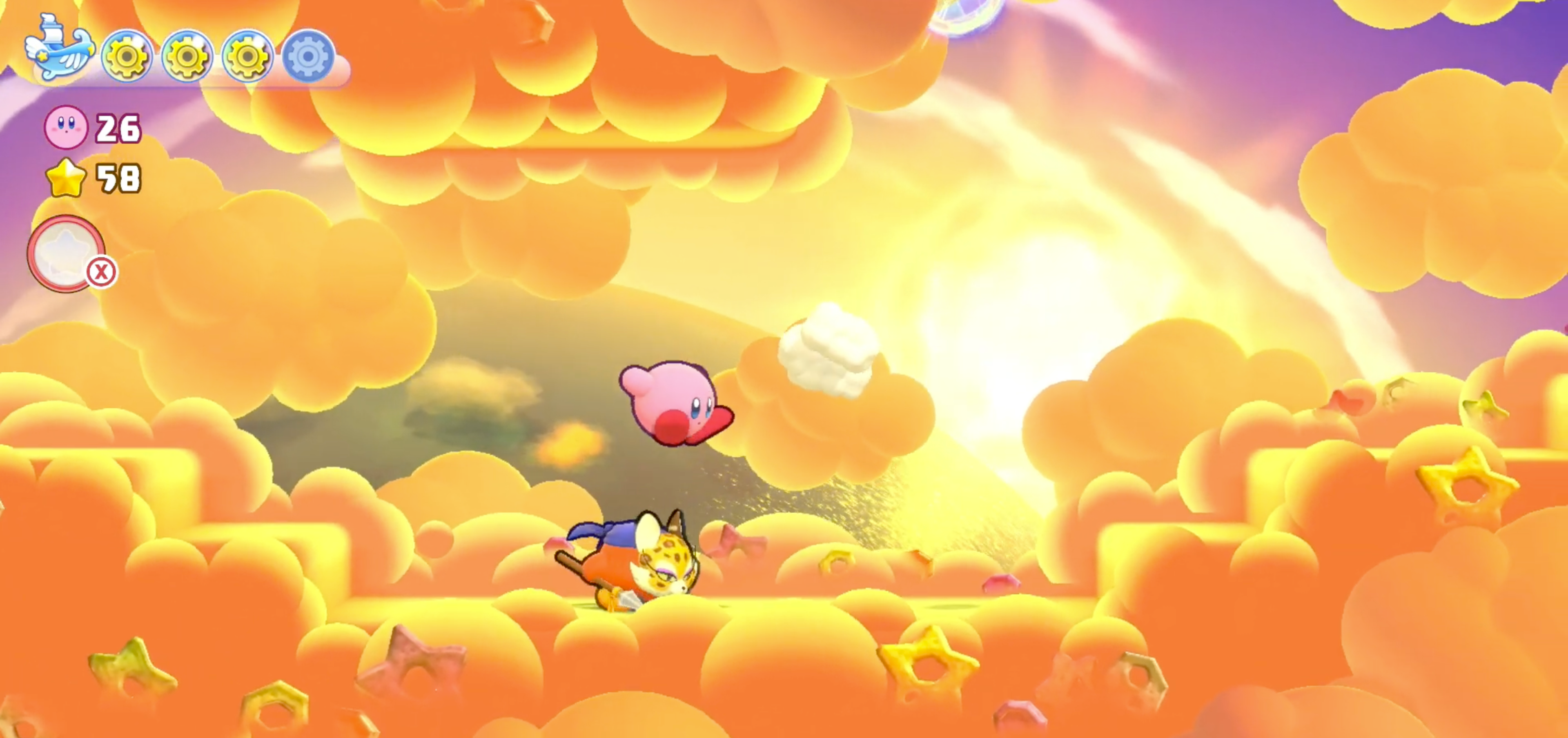 Ending segment of 'Nutty Noon: Stage 3' from Kirby's Return to Dream Land. Screenshot accessed from playthrough by BornLosersGaming [2024].