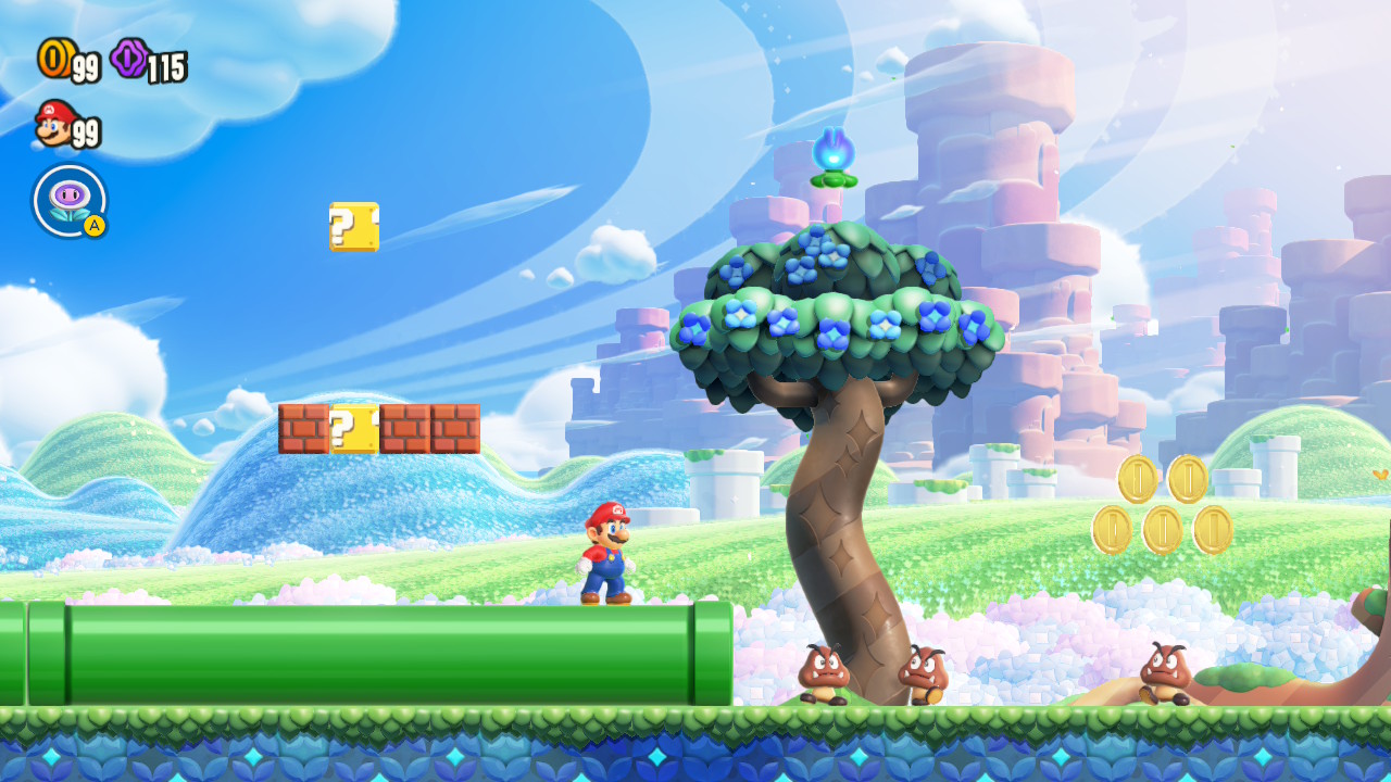 Level design of the level 'Welcome to the Flower Kingdom!' from Super Mario Bros. Wonder.