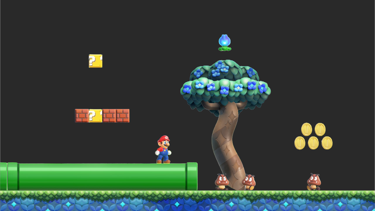 The level 'Welcome to the Flower Kingdom!' from Super Mario Bros. Wonder with the background removed.