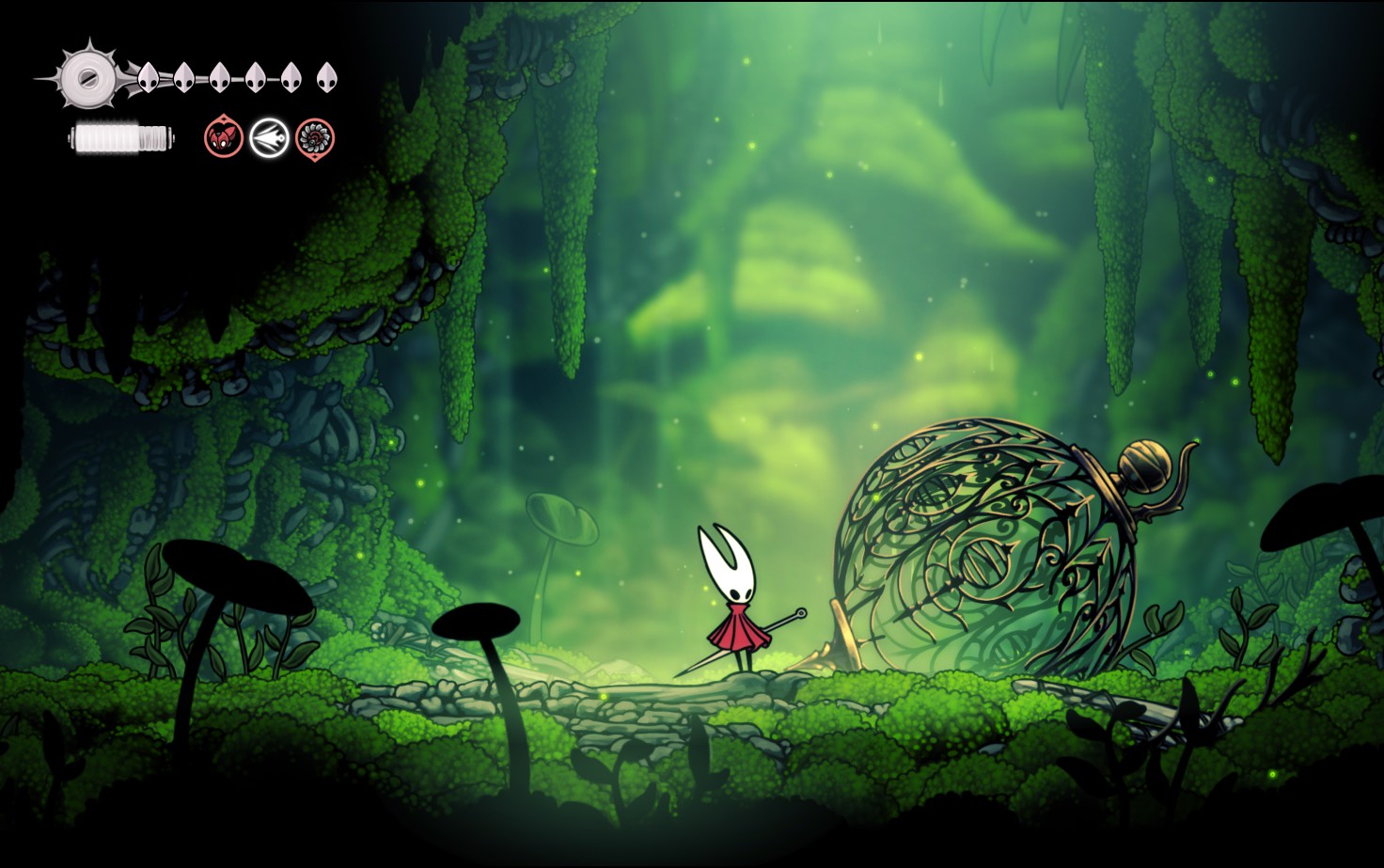 The starting region 'Moss Grotto' from Hollow Knight: Silksong.