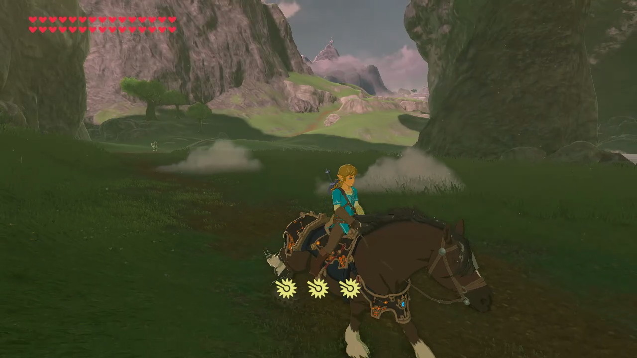 Screenshot of Link riding a horse in The Legend of Zelda: Breath of the Wild.